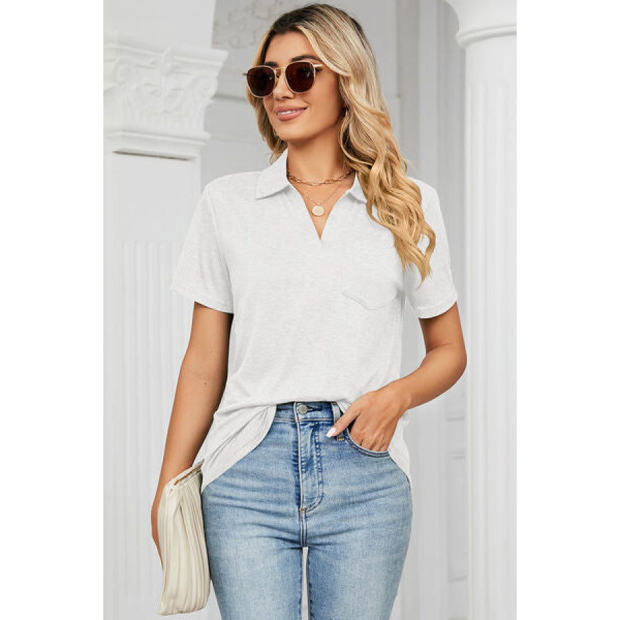 Johnny Collar Short Sleeve Blouse Apparel and Accessories