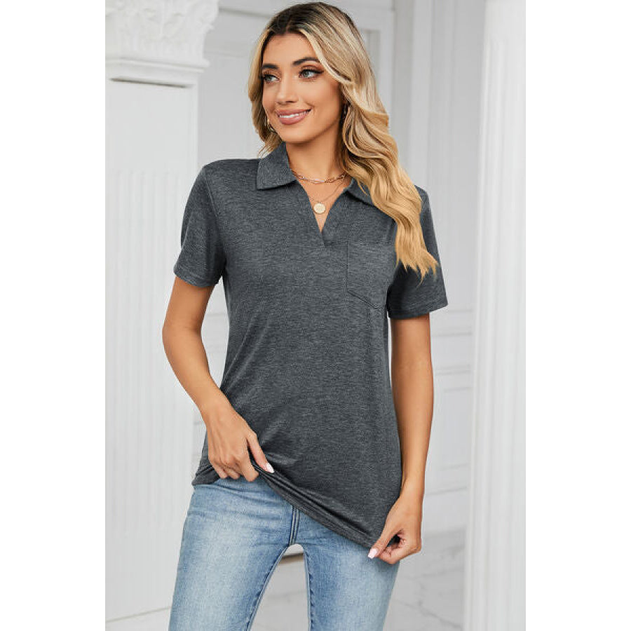 Johnny Collar Short Sleeve Blouse Apparel and Accessories