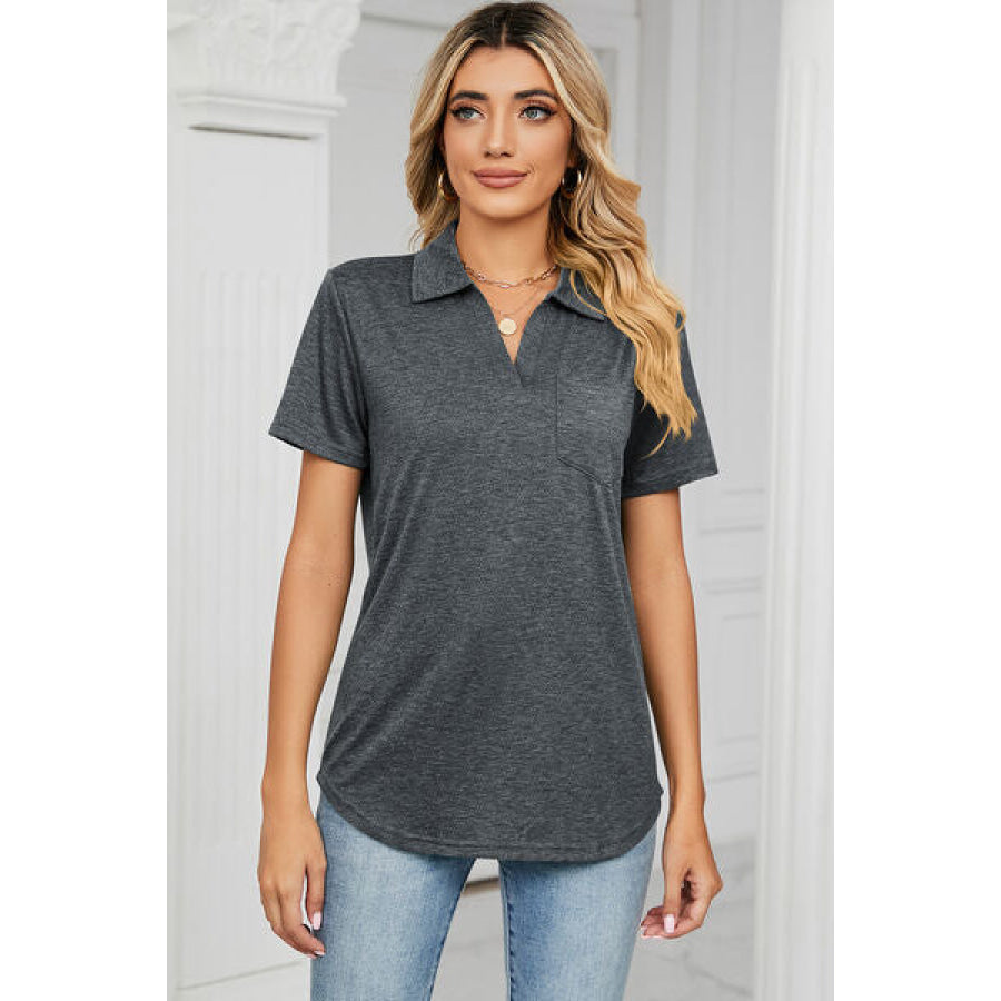 Johnny Collar Short Sleeve Blouse Apparel and Accessories