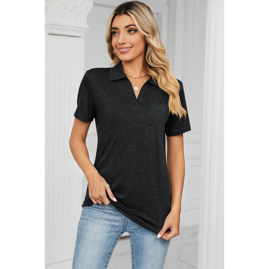 Johnny Collar Short Sleeve Blouse Apparel and Accessories