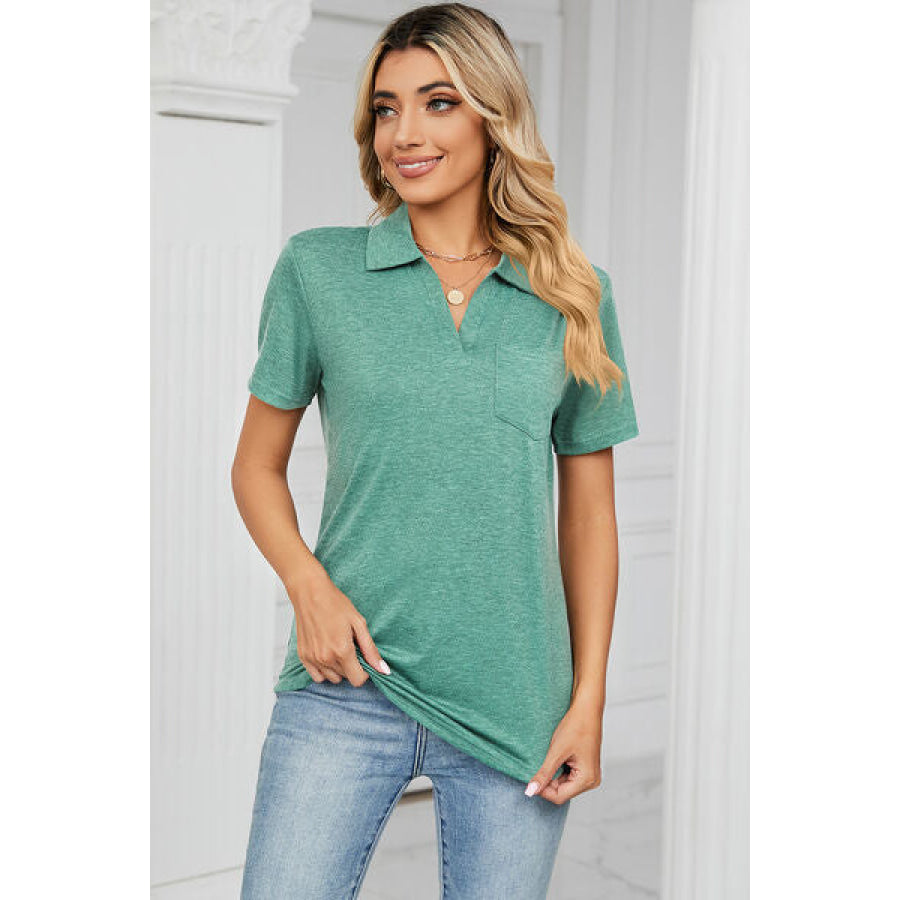 Johnny Collar Short Sleeve Blouse Apparel and Accessories