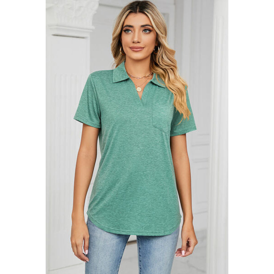 Johnny Collar Short Sleeve Blouse Apparel and Accessories