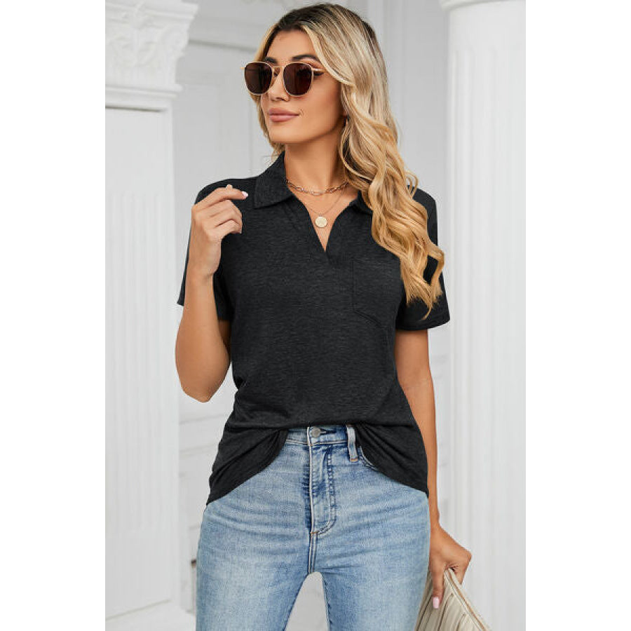 Johnny Collar Short Sleeve Blouse Apparel and Accessories