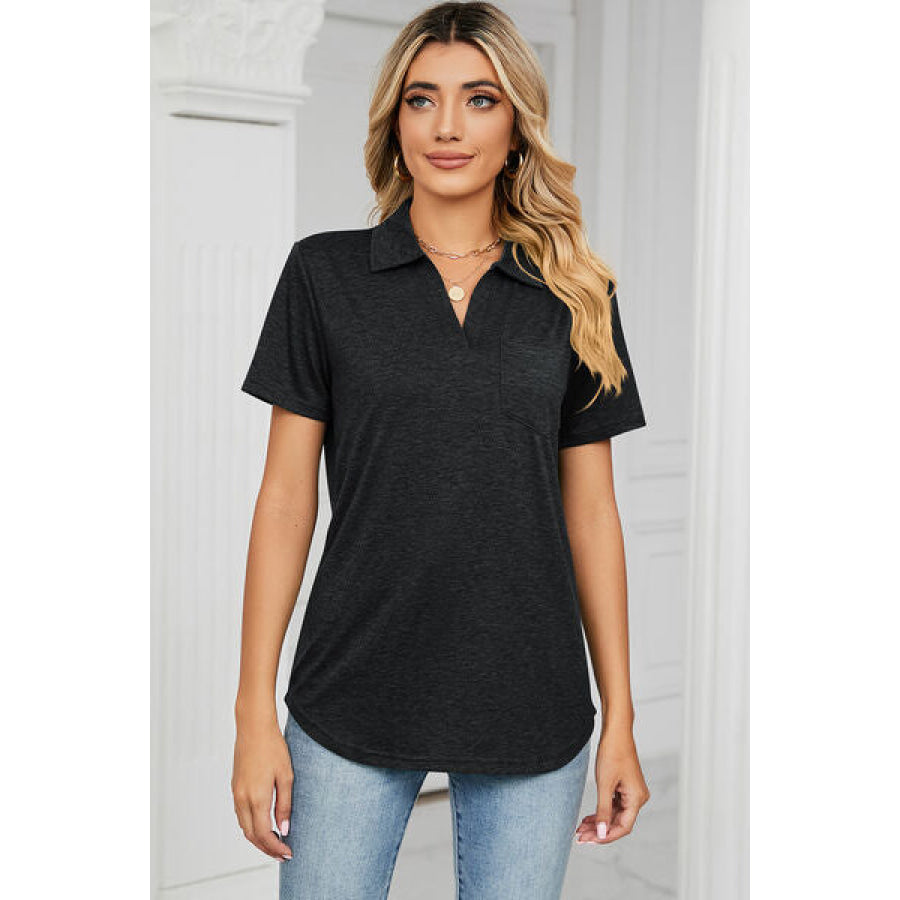 Johnny Collar Short Sleeve Blouse Black / S Apparel and Accessories