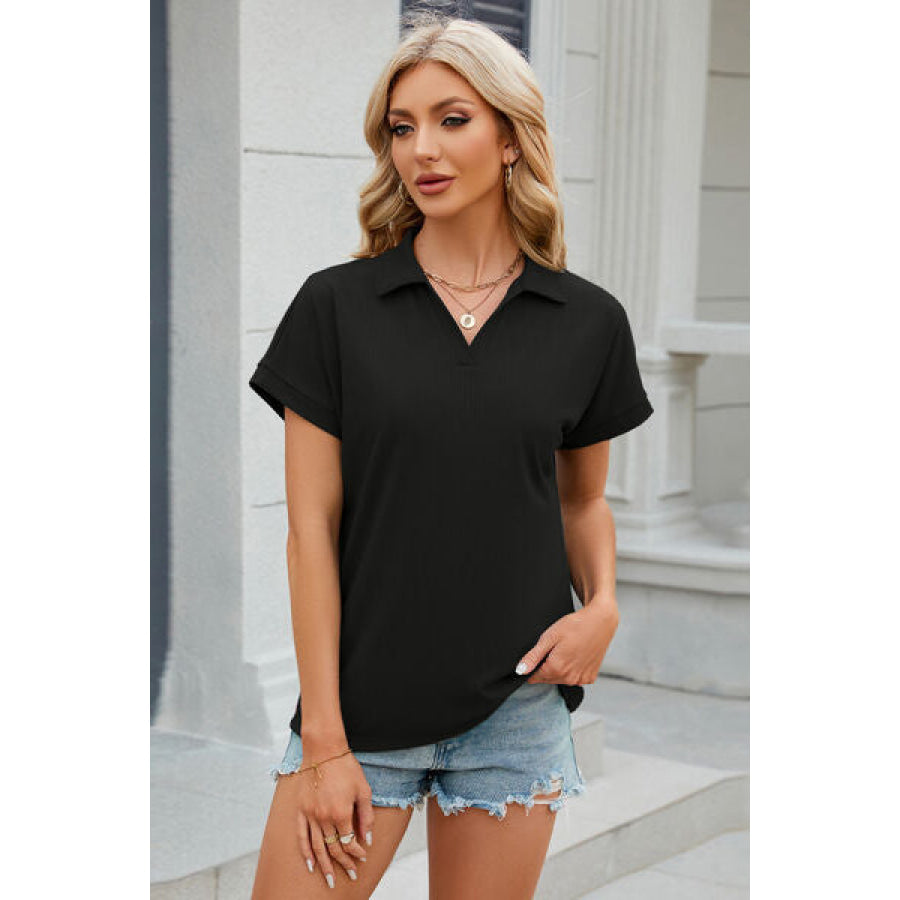 Johnny Collar Short Sleeve Blouse Black / S Apparel and Accessories