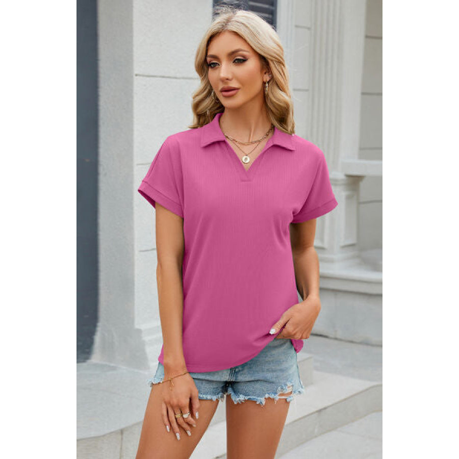 Johnny Collar Short Sleeve Blouse Hot Pink / S Apparel and Accessories