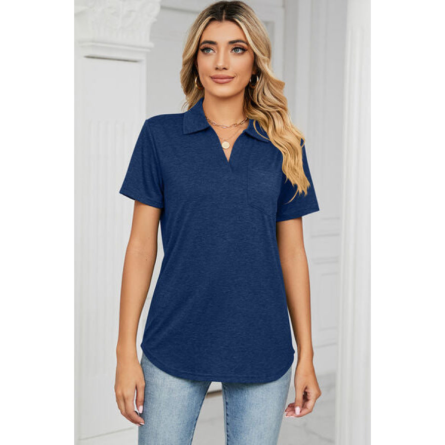 Johnny Collar Short Sleeve Blouse Navy / S Apparel and Accessories