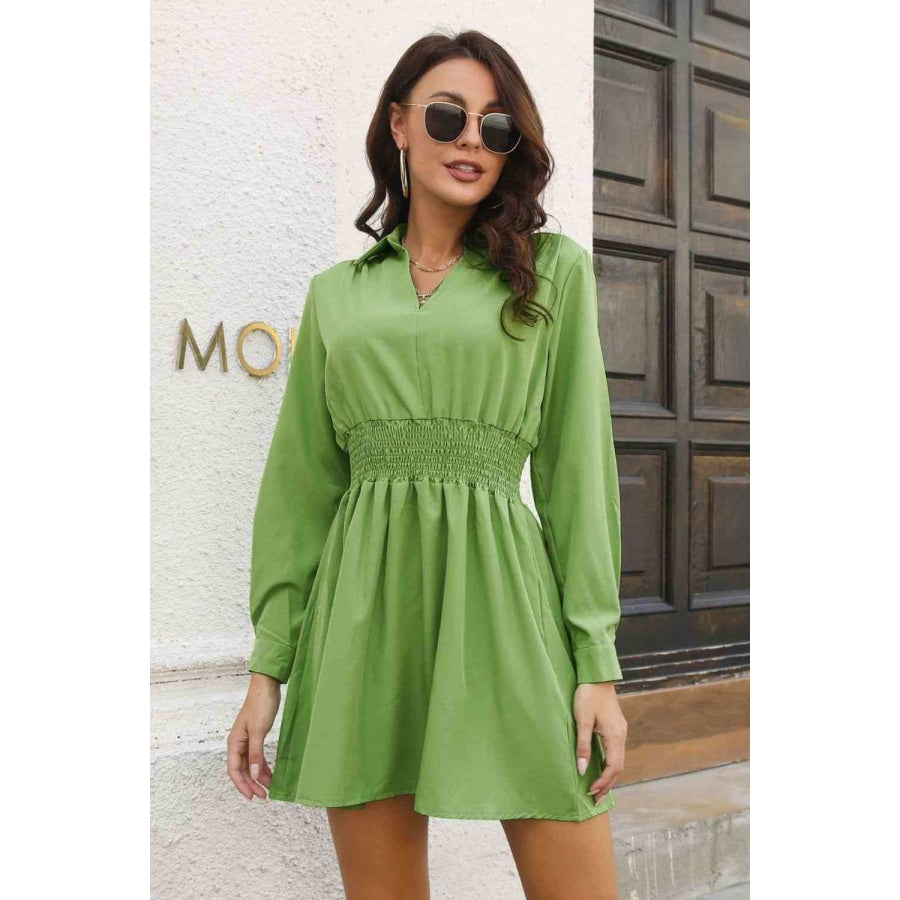 Johnny Collar Smocked Waist Long Sleeve Mini Dress Clothing