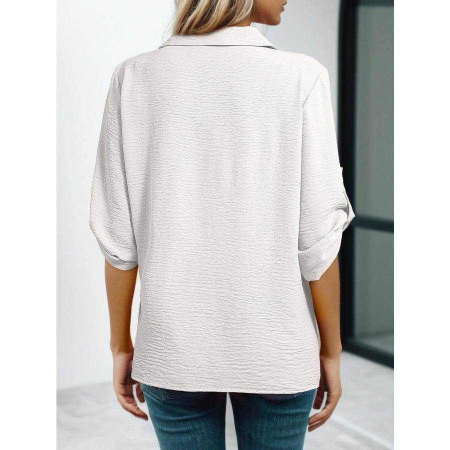 Johnny Collar Texture Blouse Apparel and Accessories