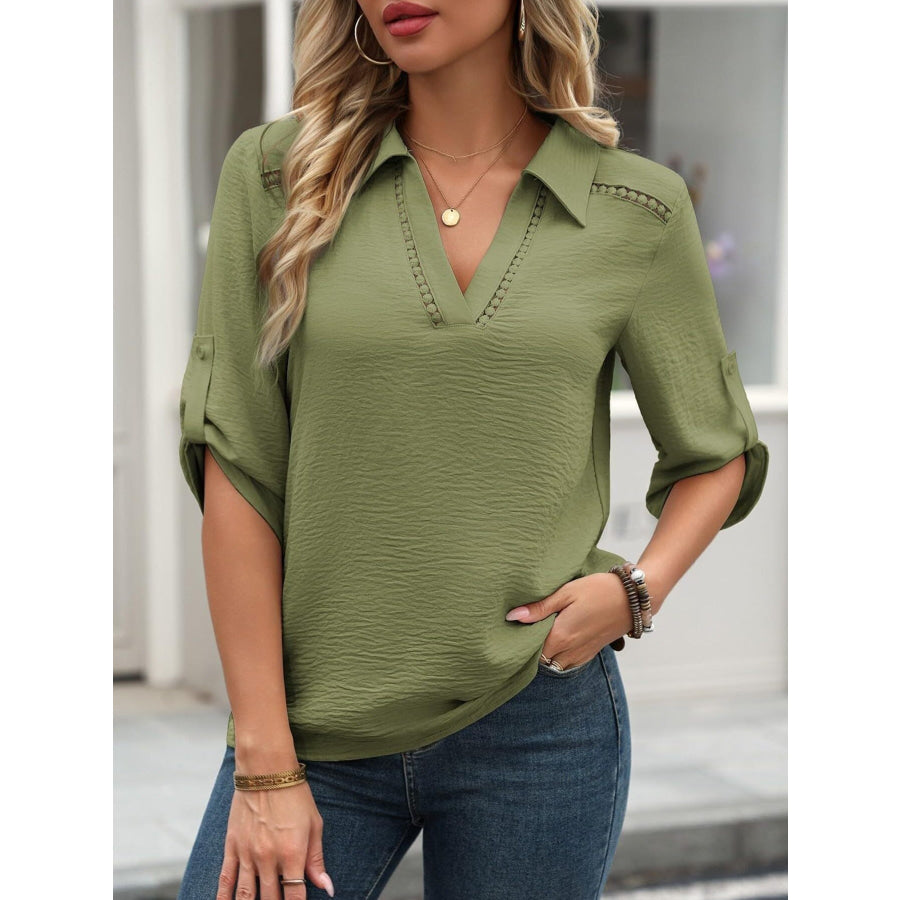 Johnny Collar Texture Blouse Apparel and Accessories