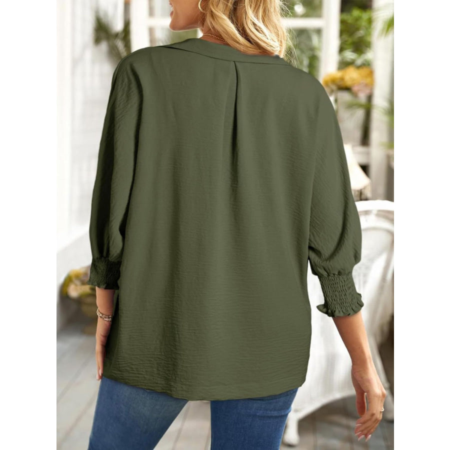 Johnny Collar Three-Quarter Sleeve Blouse Apparel and Accessories
