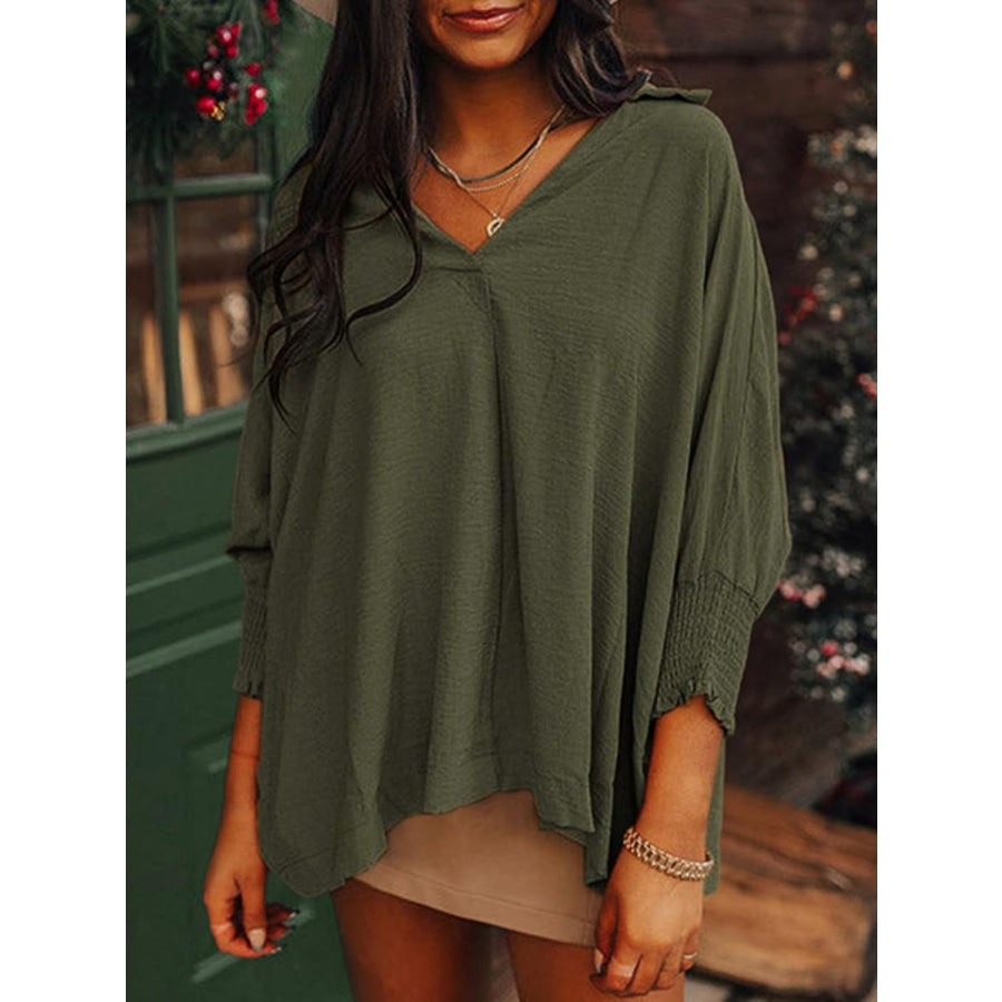 Johnny Collar Three-Quarter Sleeve Blouse Army Green / S Apparel and Accessories