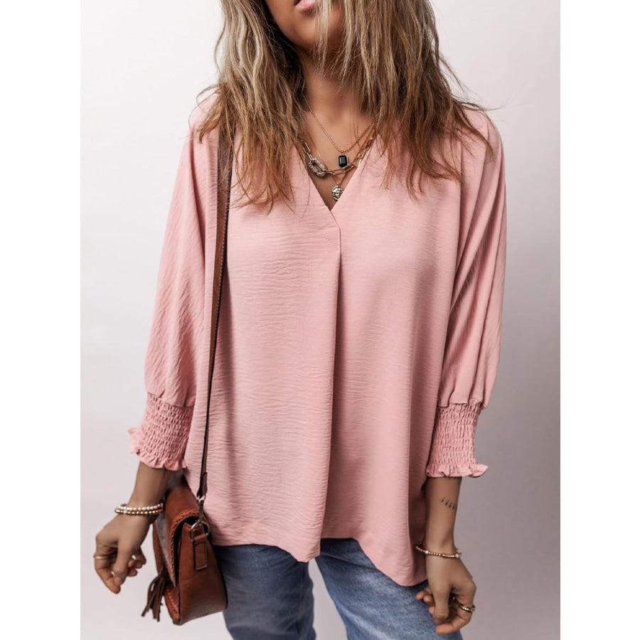 Johnny Collar Three-Quarter Sleeve Blouse Blush Pink / S Apparel and Accessories