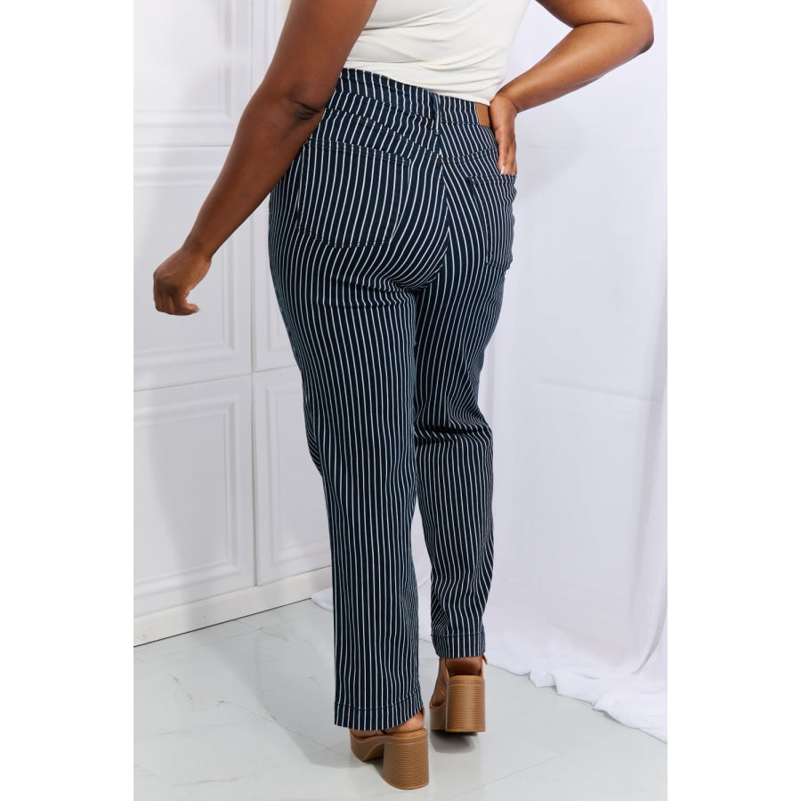 Judy Blue Cassidy Full Size High Waisted Tummy Control Striped Straight Jeans French Blue / 0(24)