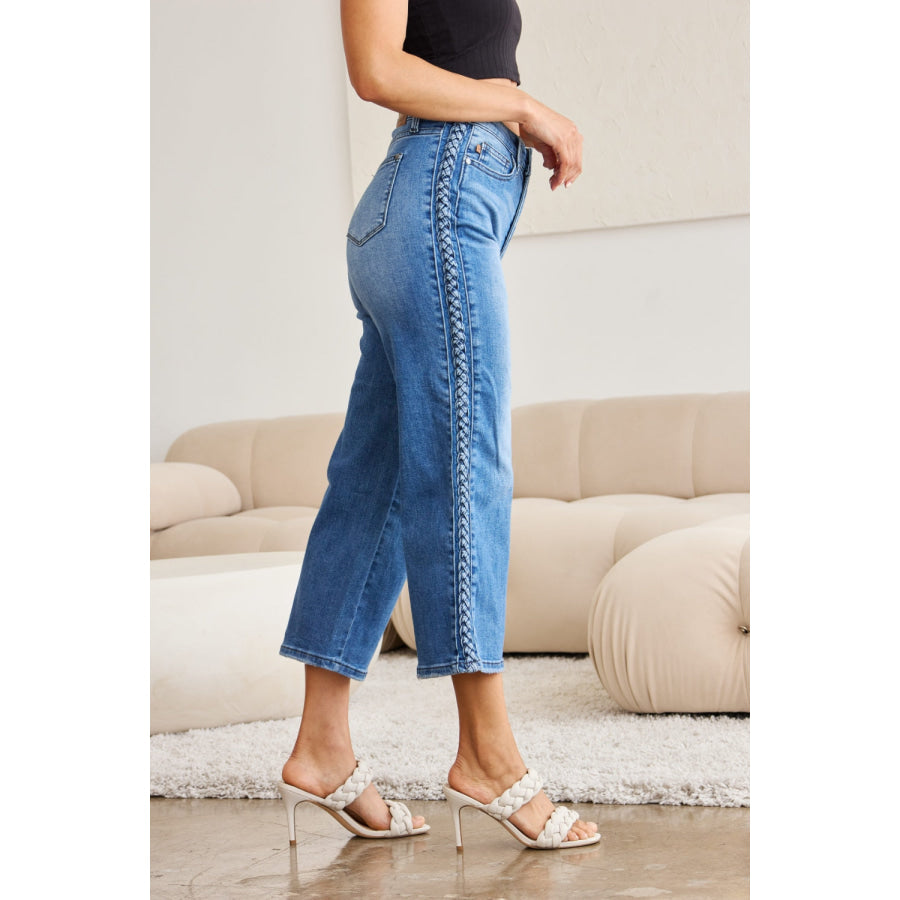 Judy Blue Full Size Braid Side Detail Wide Leg Jeans Apparel and Accessories