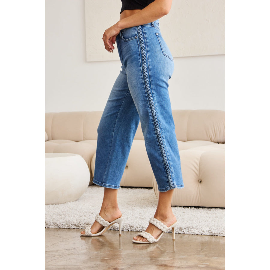 Judy Blue Full Size Braid Side Detail Wide Leg Jeans Apparel and Accessories