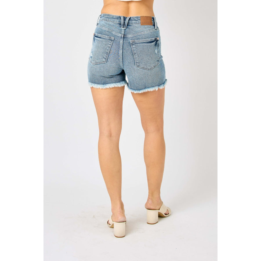Judy Blue Full Size Button Fly Raw Hem Denim Shorts Medium / S Apparel and Accessories