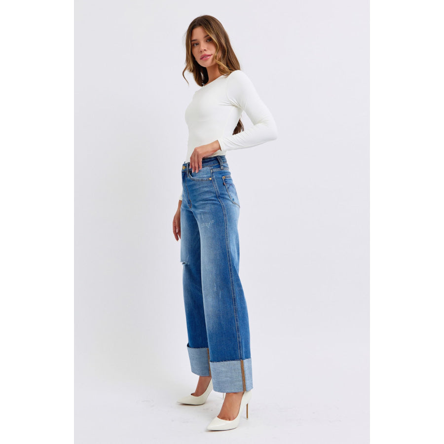 Judy Blue Full Size Distressed High Waist Wide Leg Jeans Apparel and Accessories