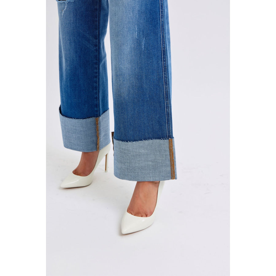 Judy Blue Full Size Distressed High Waist Wide Leg Jeans Apparel and Accessories