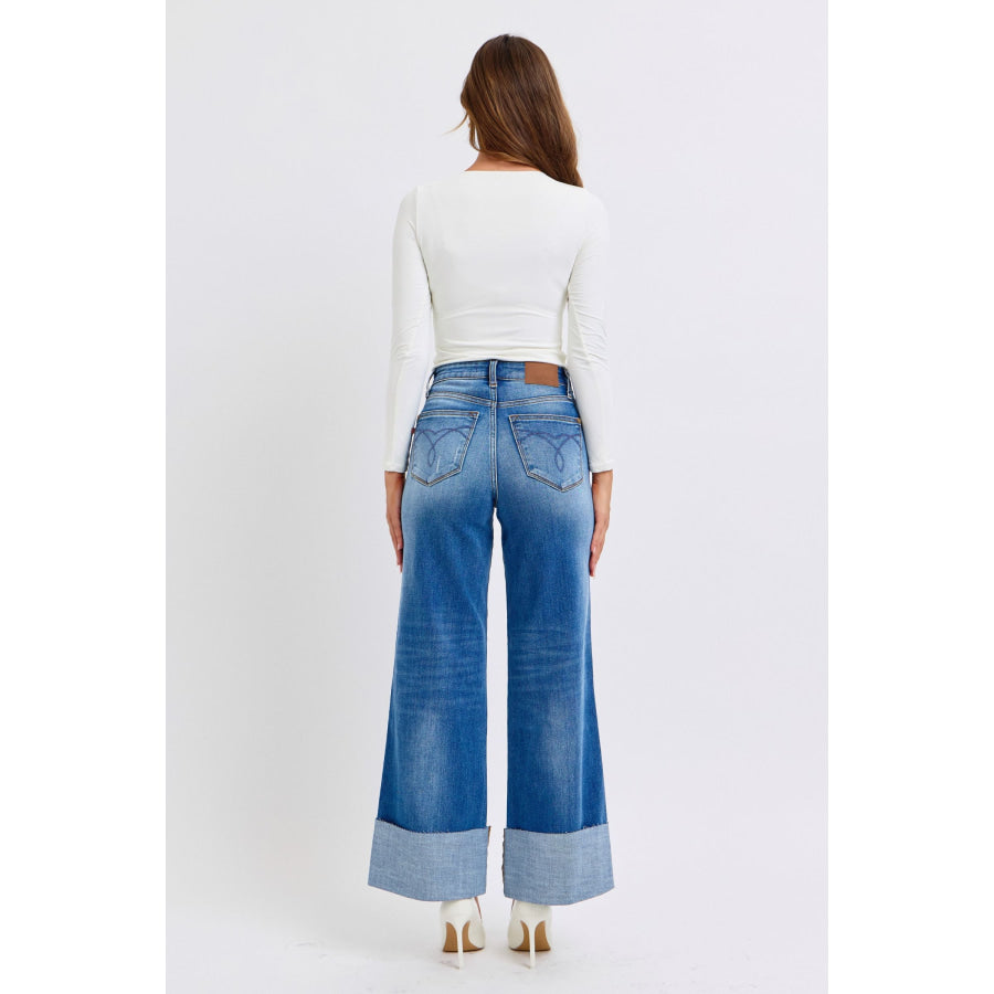 Judy Blue Full Size Distressed High Waist Wide Leg Jeans Apparel and Accessories