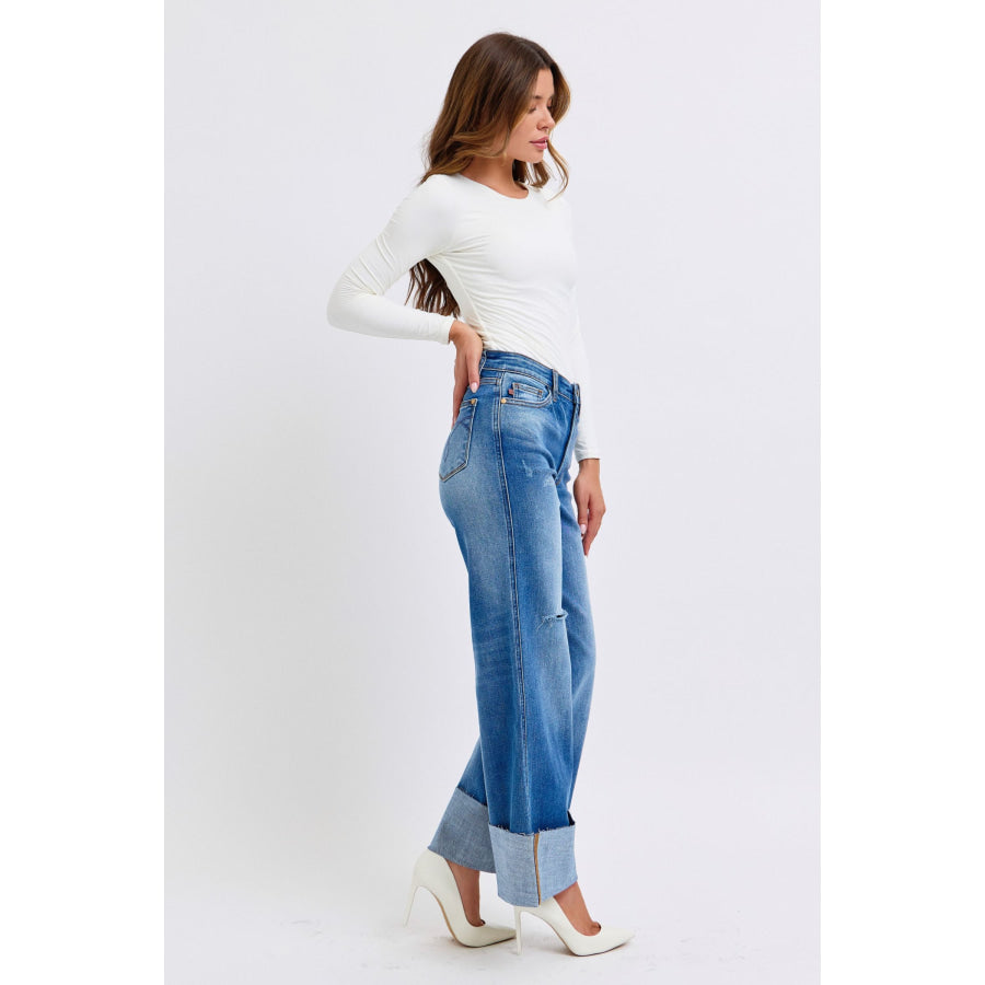 Judy Blue Full Size Distressed High Waist Wide Leg Jeans Apparel and Accessories