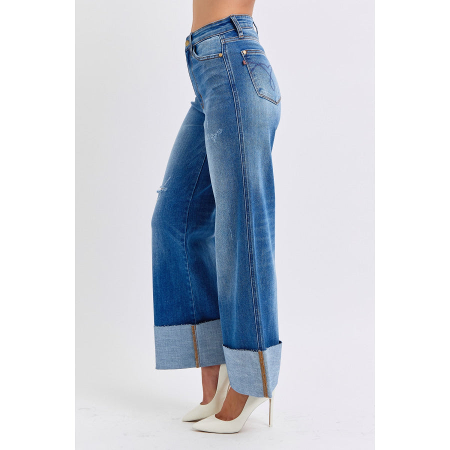 Judy Blue Full Size Distressed High Waist Wide Leg Jeans Apparel and Accessories