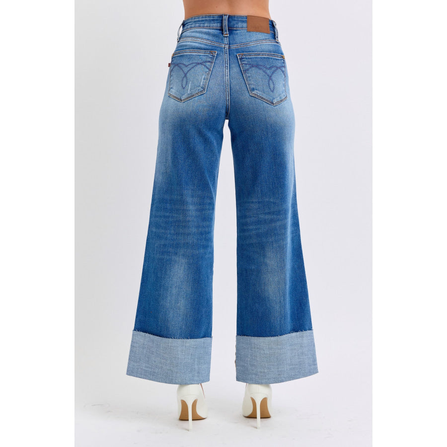 Judy Blue Full Size Distressed High Waist Wide Leg Jeans Apparel and Accessories