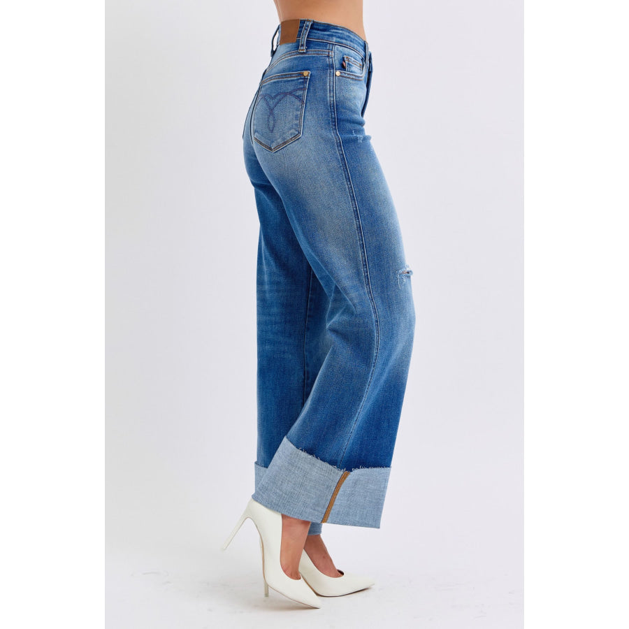 Judy Blue Full Size Distressed High Waist Wide Leg Jeans Apparel and Accessories