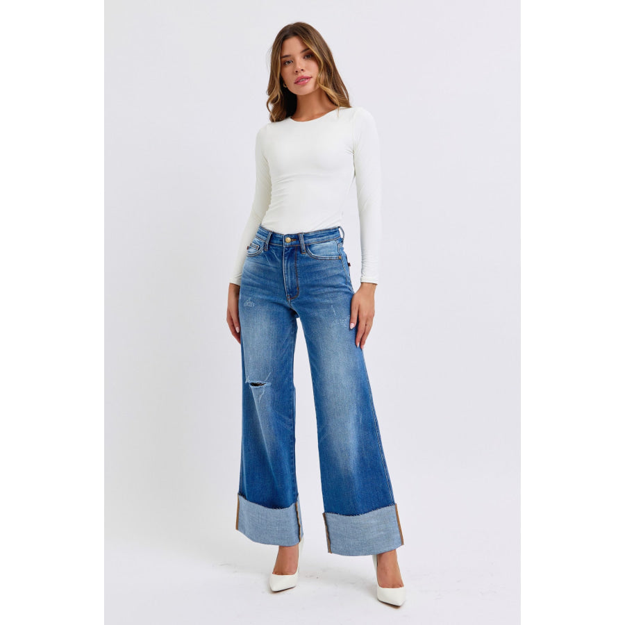 Judy Blue Full Size Distressed High Waist Wide Leg Jeans Apparel and Accessories