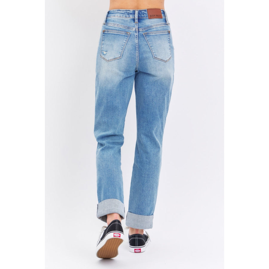 Judy Blue Full Size Distressed Straight Jeans with Patch Pockets Apparel and Accessories