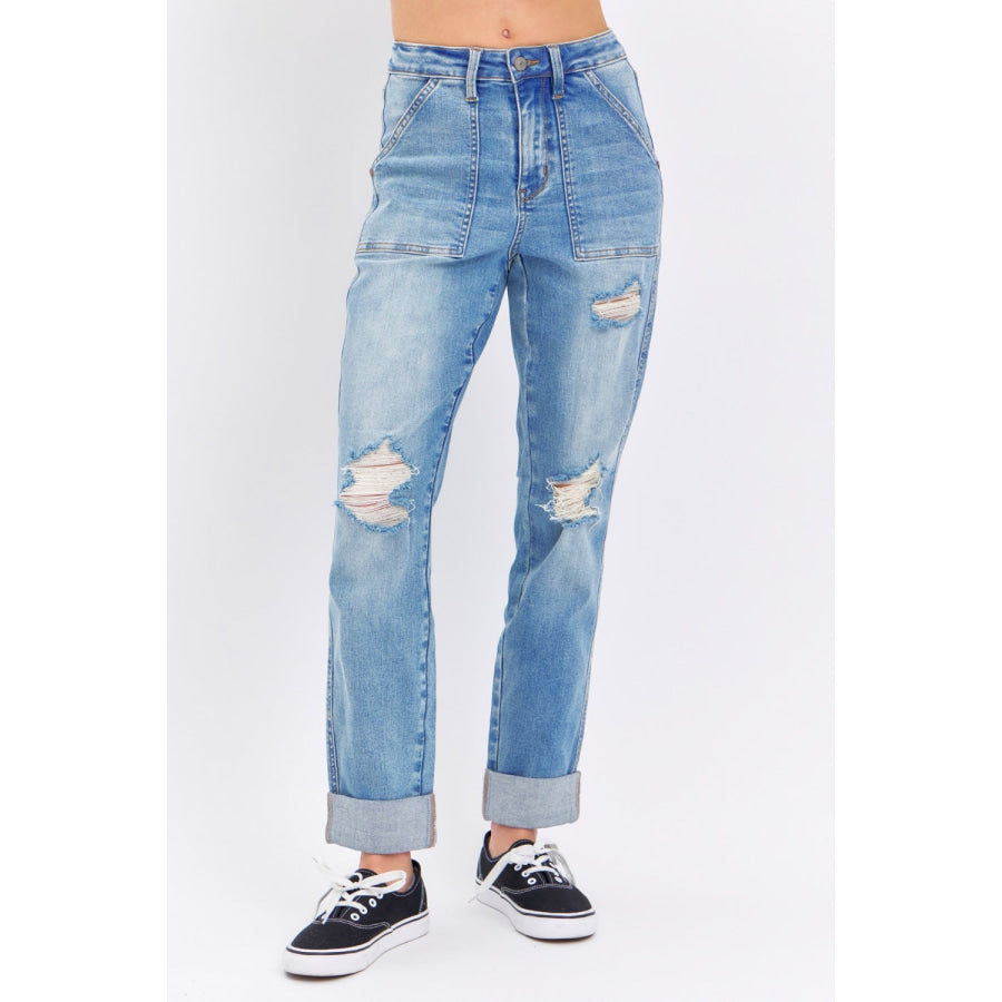 Judy Blue Full Size Distressed Straight Jeans with Patch Pockets Apparel and Accessories