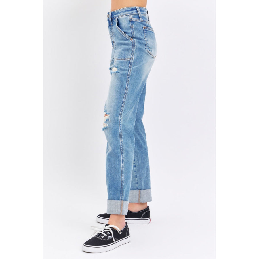 Judy Blue Full Size Distressed Straight Jeans with Patch Pockets Apparel and Accessories