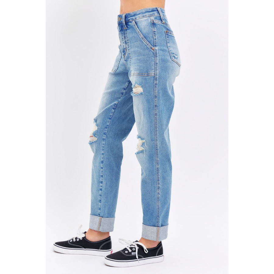 Judy Blue Full Size Distressed Straight Jeans with Patch Pockets Apparel and Accessories