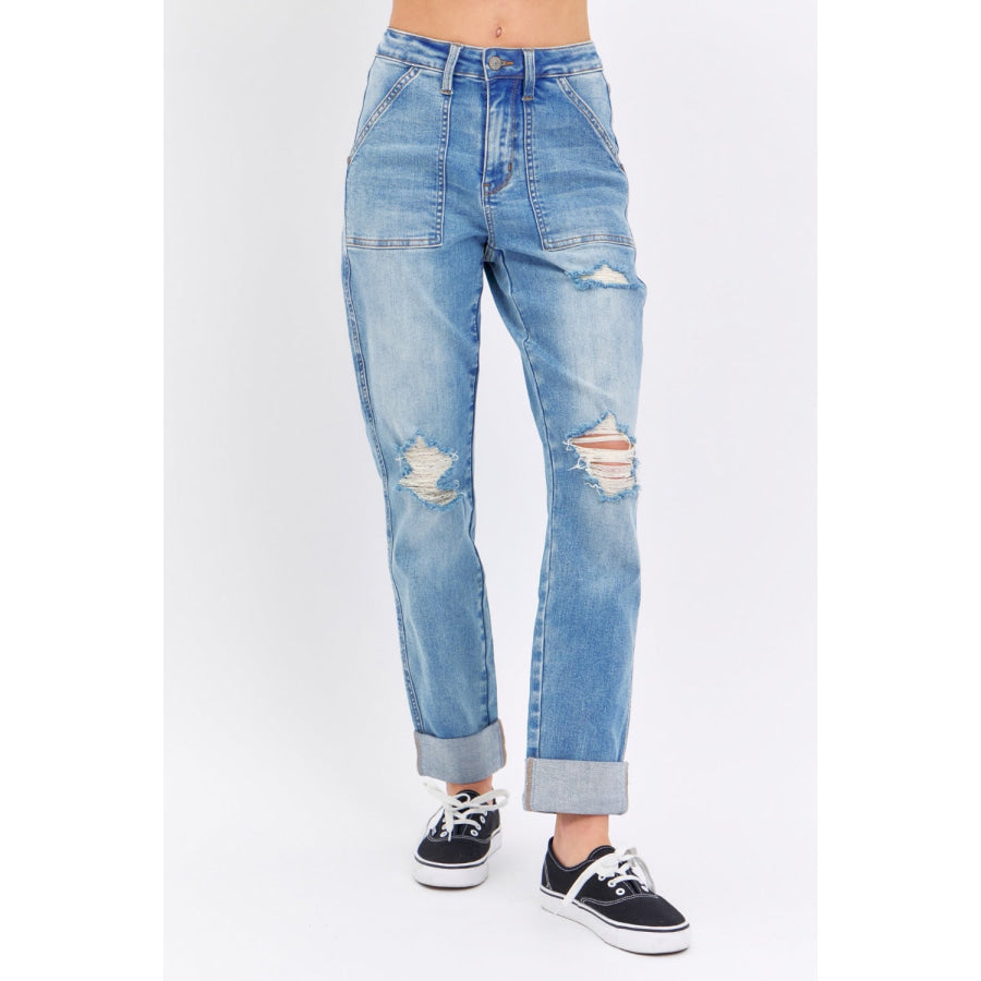 Judy Blue Full Size Distressed Straight Jeans with Patch Pockets Medium / 1/25 Apparel and Accessories