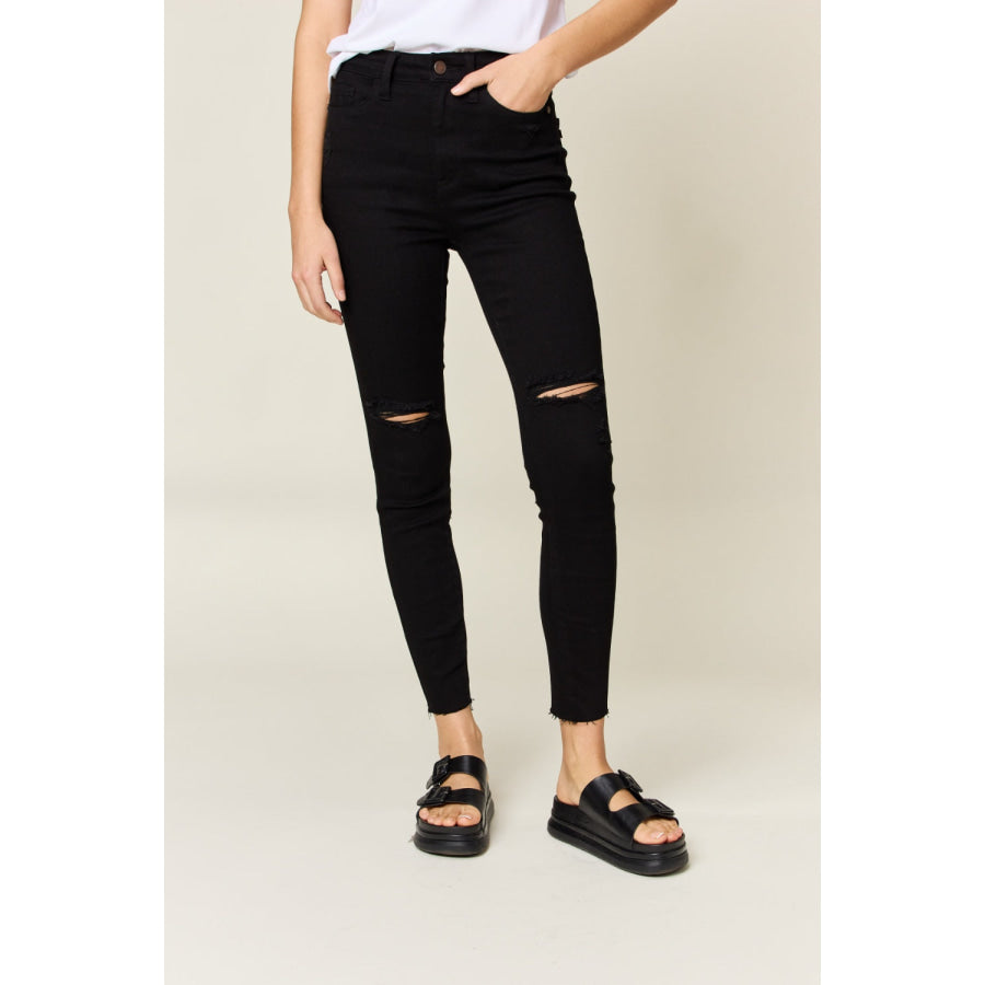 Judy Blue Full Size Distressed Tummy Control High Waist Skinny Jeans Black / Apparel and Accessories