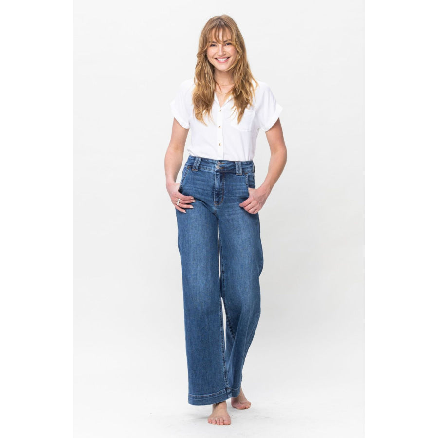 Judy Blue Full Size Double Button Wide Leg Jeans Apparel and Accessories