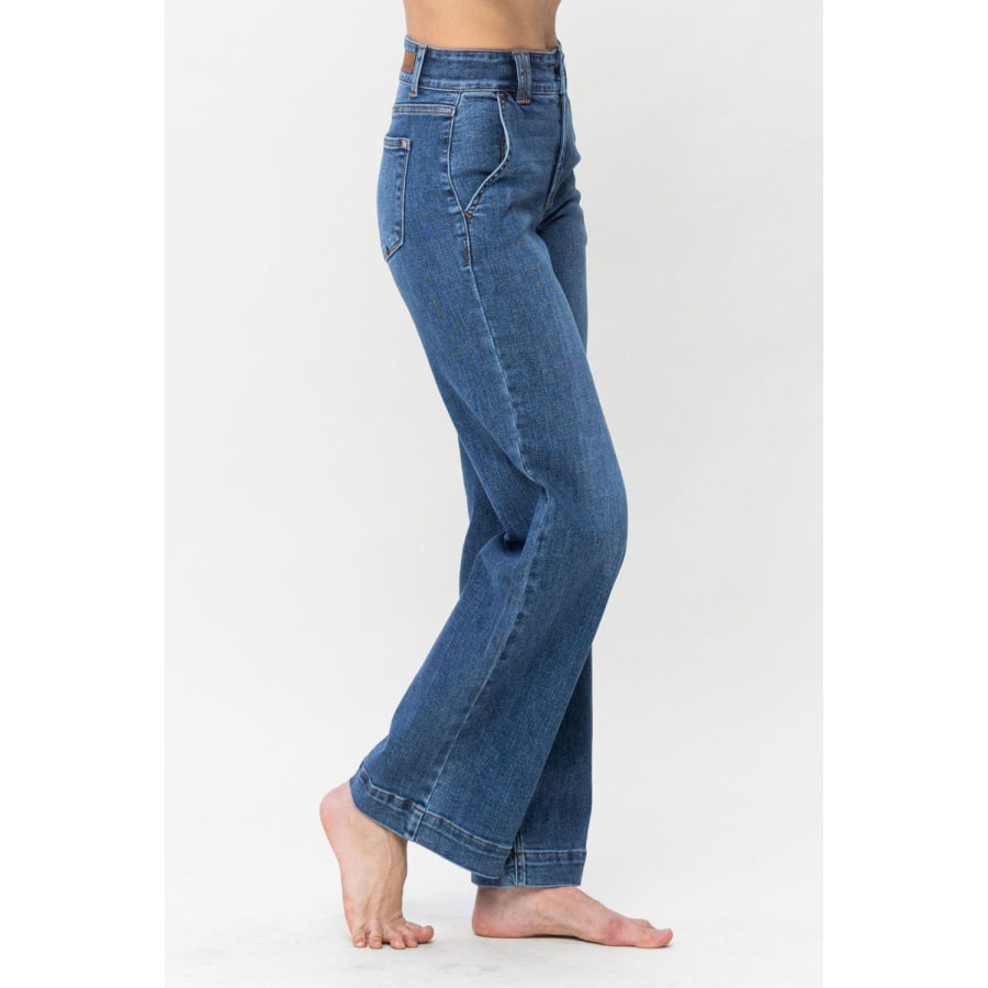 Judy Blue Full Size Double Button Wide Leg Jeans Apparel and Accessories