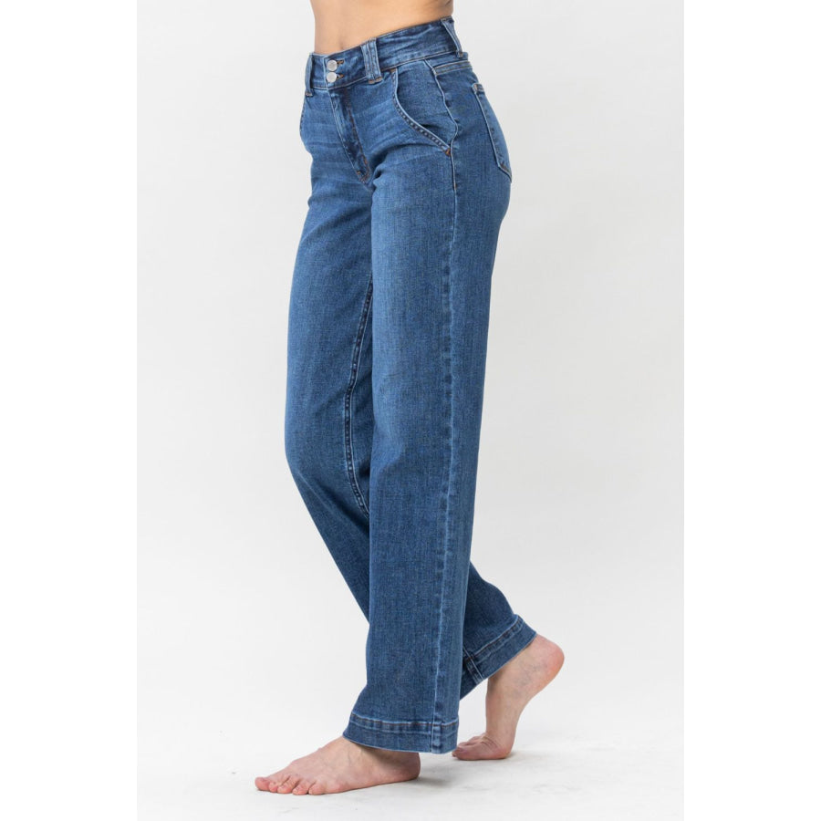 Judy Blue Full Size Double Button Wide Leg Jeans Apparel and Accessories