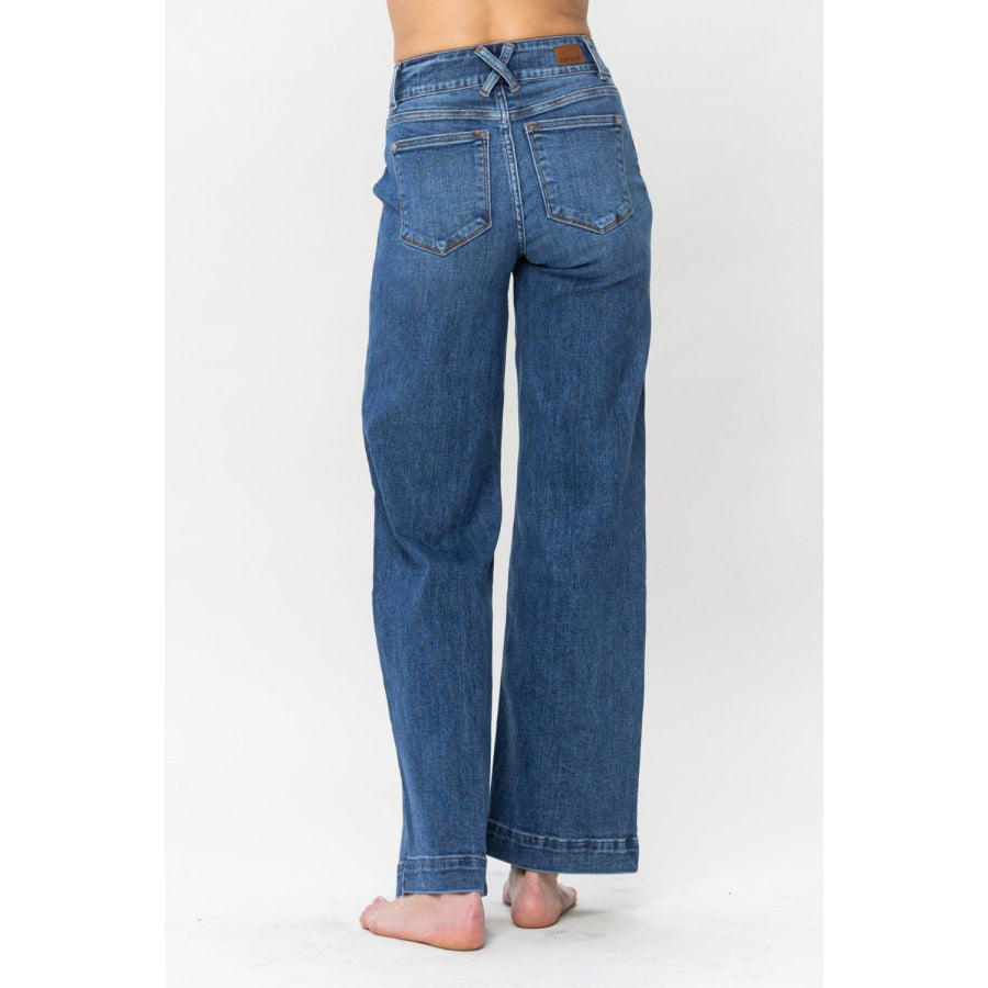 Judy Blue Full Size Double Button Wide Leg Jeans Apparel and Accessories