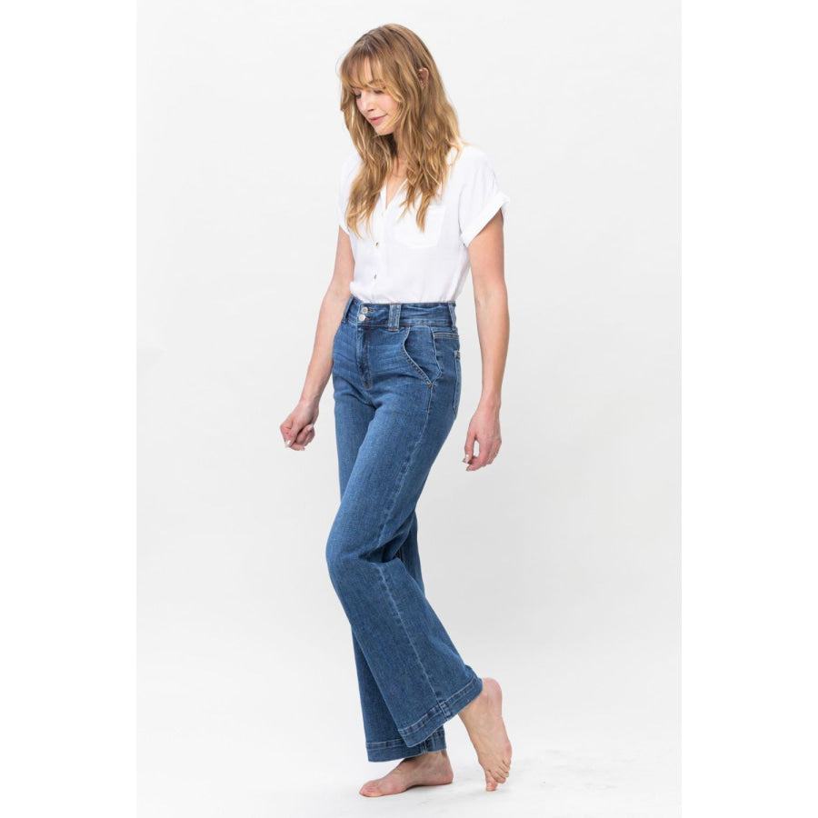 Judy Blue Full Size Double Button Wide Leg Jeans Apparel and Accessories