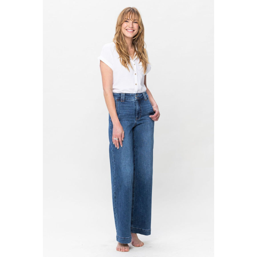 Judy Blue Full Size Double Button Wide Leg Jeans Apparel and Accessories