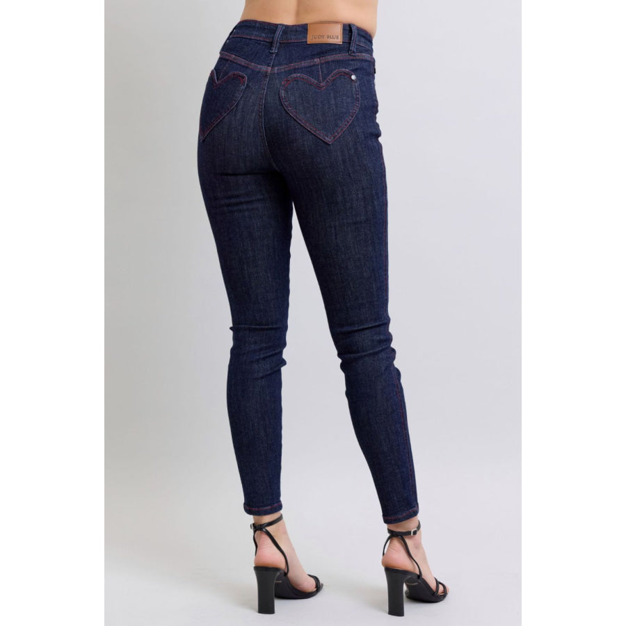 Judy Blue Full Size Heart Shaped Back Pockets Skinny Jeans Dark / 0(24) Apparel and Accessories