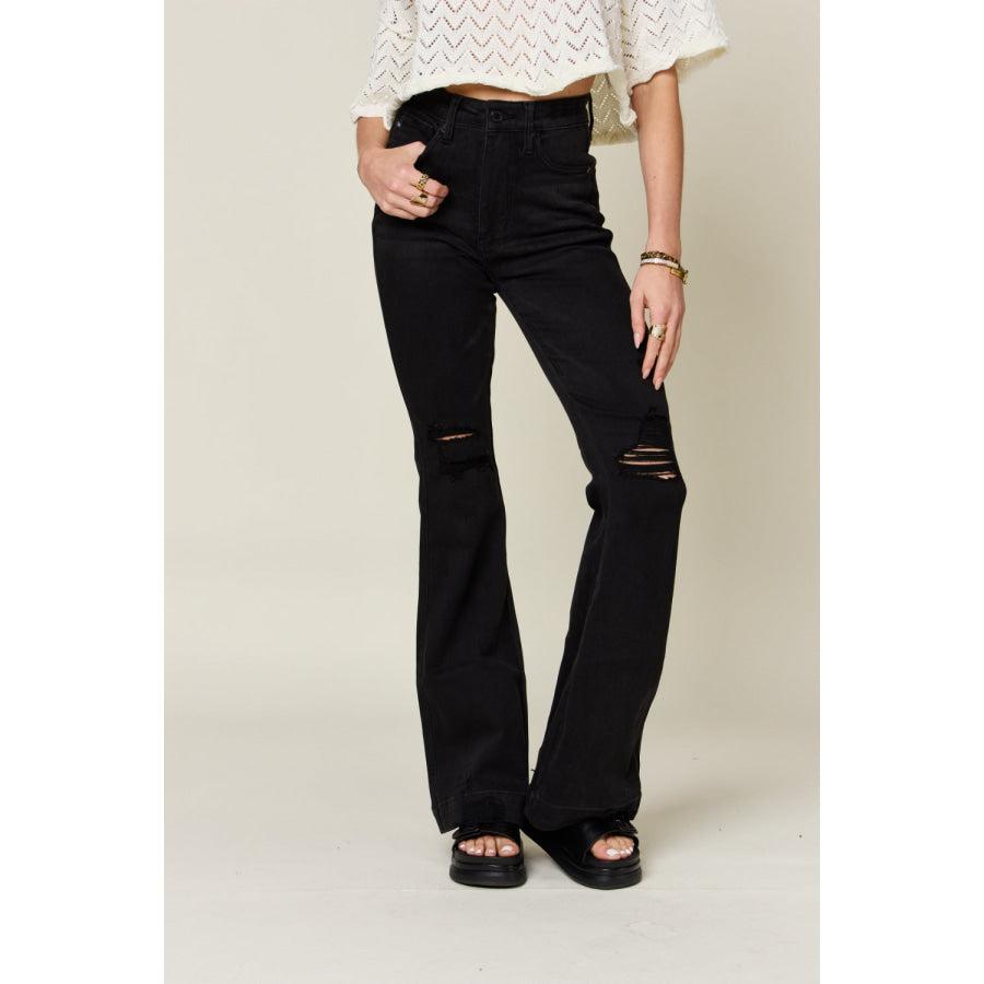 Judy Blue Full Size High Waist Distressed Flare Jeans Black / 0(24) Apparel and Accessories