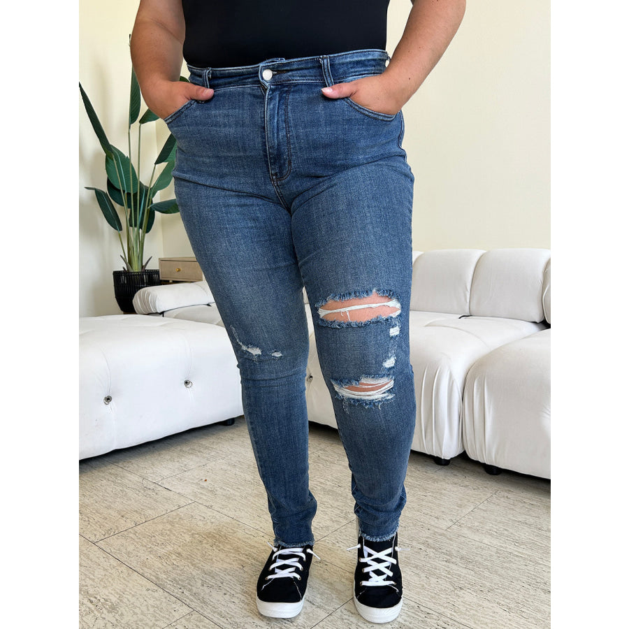 Judy Blue Full Size High Waist Distressed Skinny Jeans Apparel and Accessories