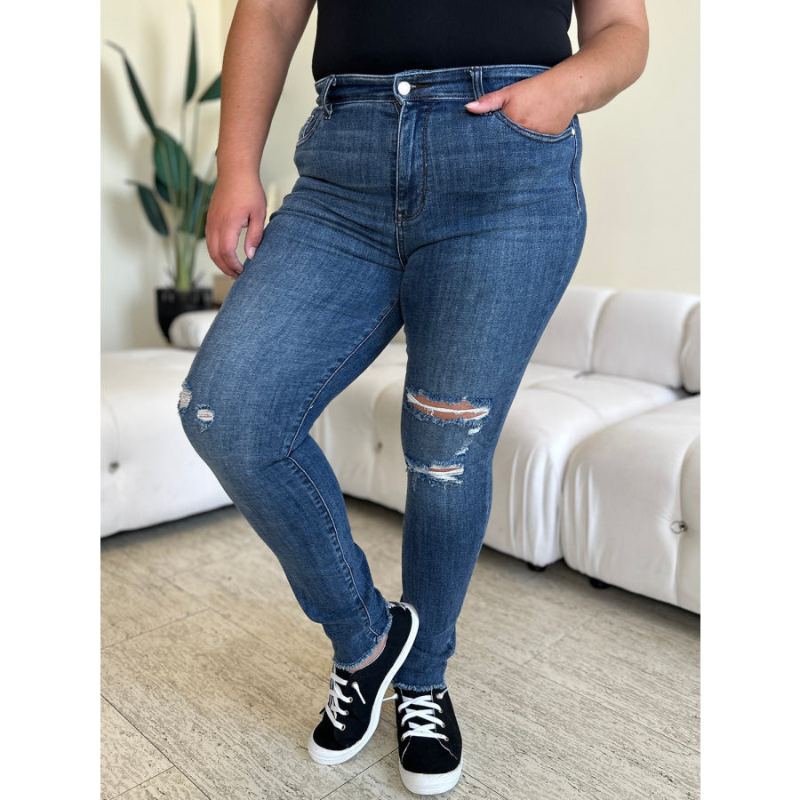 Judy Blue Full Size High Waist Distressed Skinny Jeans Apparel and Accessories