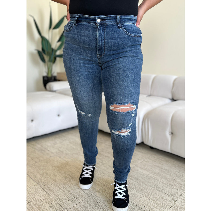 Judy Blue Full Size High Waist Distressed Skinny Jeans Dark / 3/26 Apparel and Accessories