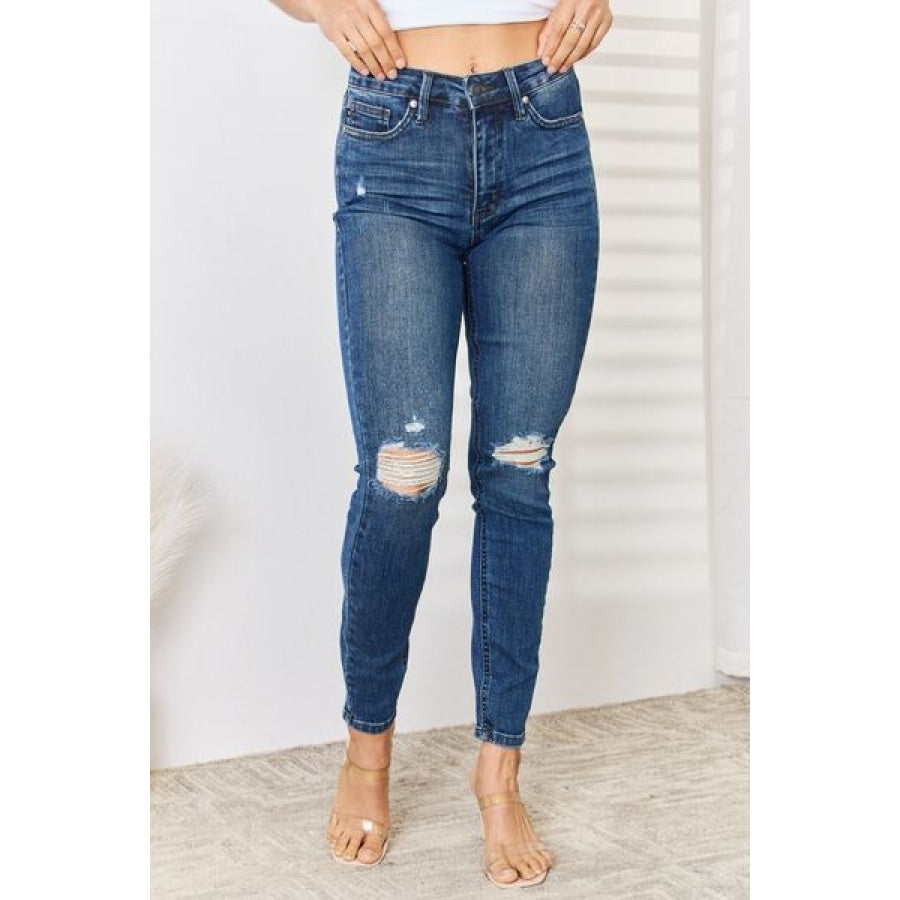 Judy Blue Full Size High Waist Distressed Slim Jeans Dark / Apparel and Accessories