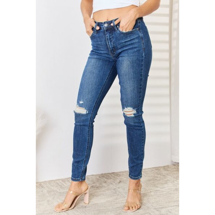 Judy Blue Full Size High Waist Distressed Slim Jeans Dark / Apparel and Accessories