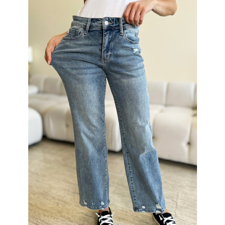 Judy Blue Full Size High Waist Distressed Straight Jeans Apparel and Accessories