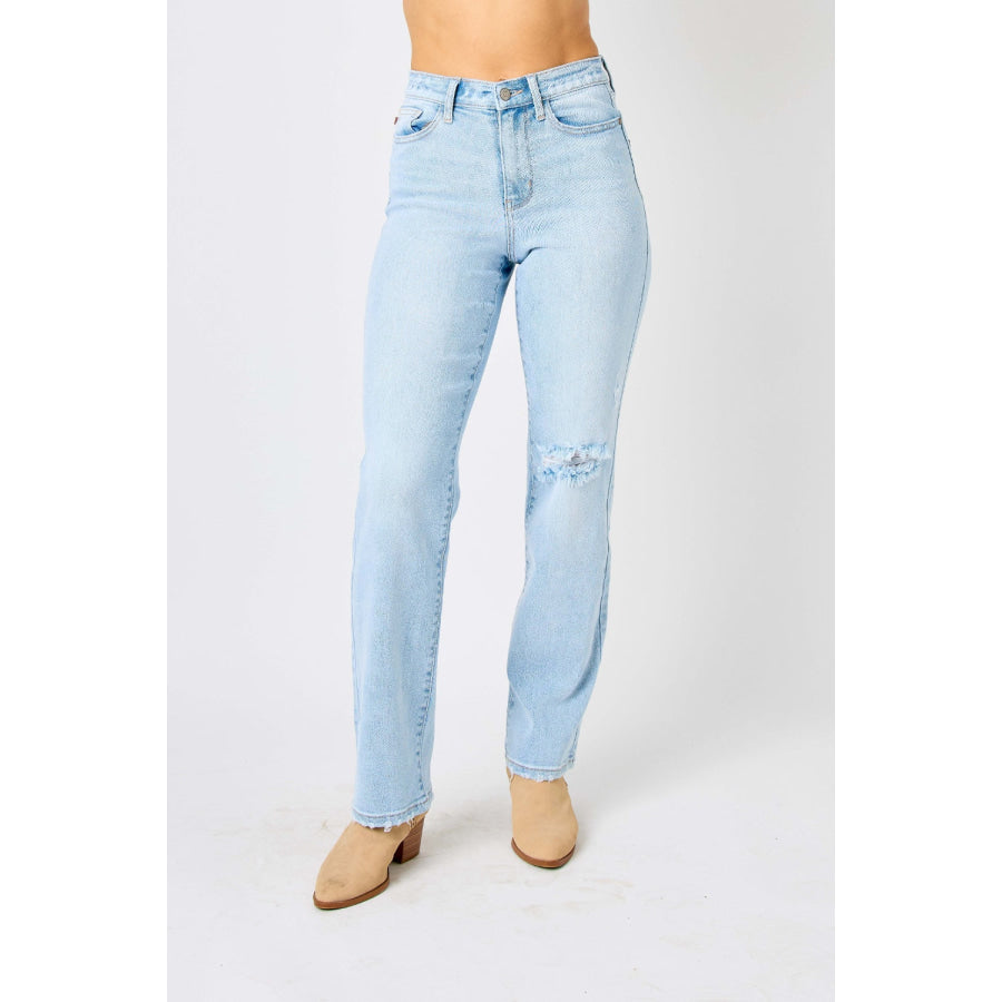Judy Blue Full Size High Waist Distressed Straight Jeans Apparel and Accessories